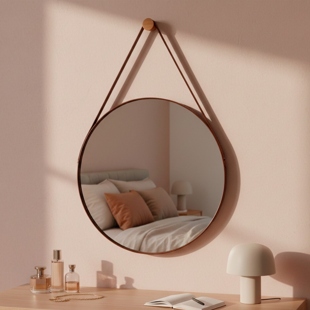 Espelho De Parede Decoração Sala Banheiro Lavabo c/ Alça em Couro +Suporte 60cm Redondo - Casa Domo em Oferta na Shopee