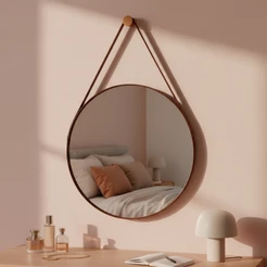 Espelho De Parede Decoração Sala Banheiro Lavabo c/ Alça em Couro +Suporte 60cm Redondo - Casa Domo