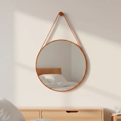Espelho Adnet Redondo Decorativo Suspenso c/ Alça em couro Ecológico 30cm + Pino Suporte - Casa Domo