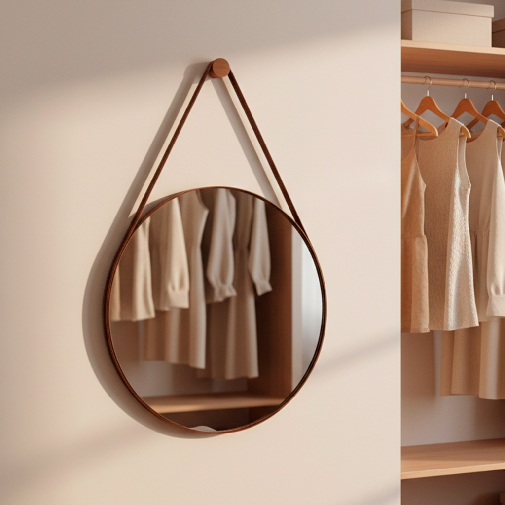 Espelho Adnet 30cm Redondo Decorativo Alça de Couro + Pino de fixação - Casa Domo em Oferta na Shopee