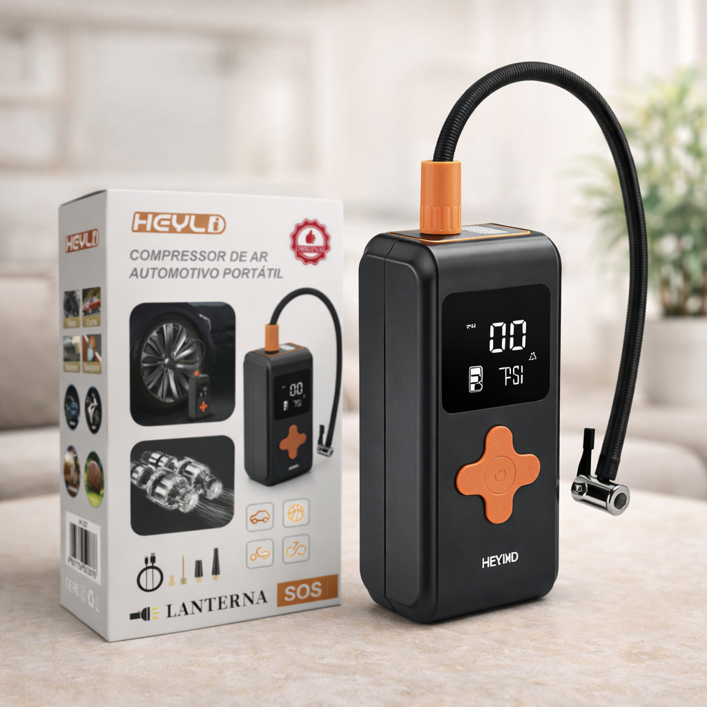 Compressor de Ar Portátil Digital 150 PSI, USB, Lanterna SOS – Carro, Moto, Bicicleta e Bola em Oferta na Shopee