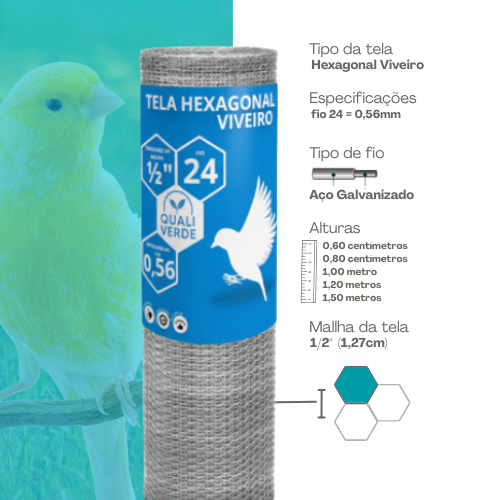 Tela Viveiro Fio 24 1,00x10m Galvanizada Hexagonal Para Sítio Chácara e Quintal
