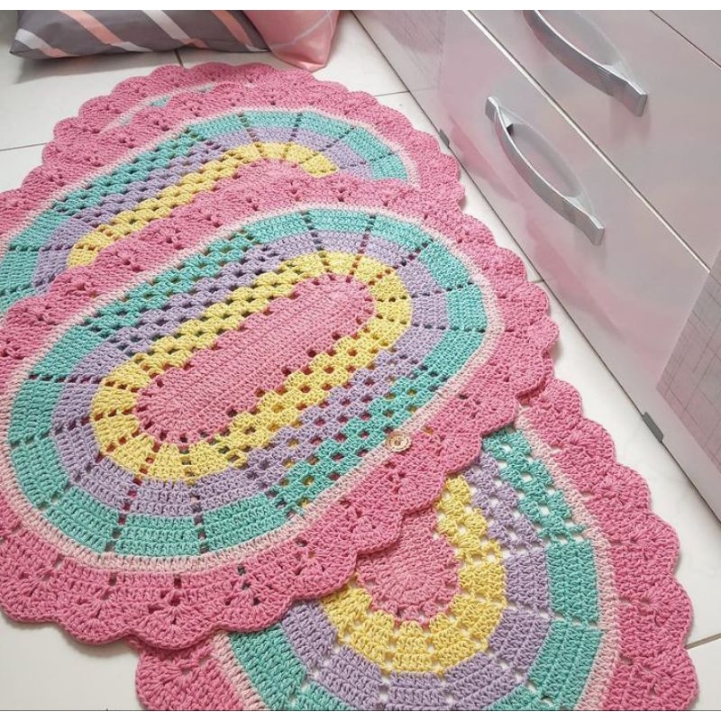 Tapetes em crochê de barbante Candy rosa e azul ( grande e pequena)