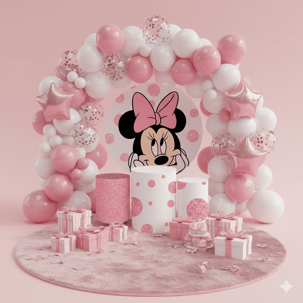 Lançamento Capas Painel Trio Cilindros Decoração Festa Infantil Tema Minne Meninas Oferta Promoção Helanca Premium