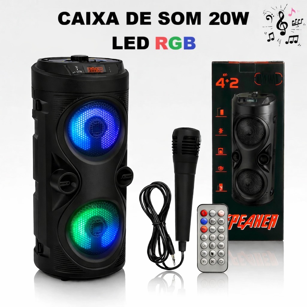 Caixa De Som Com Microfone Portátil Bluetooth Rádio Fm Usb Sd Controle Remoto Microfone Torre Preta em Oferta na Shopee