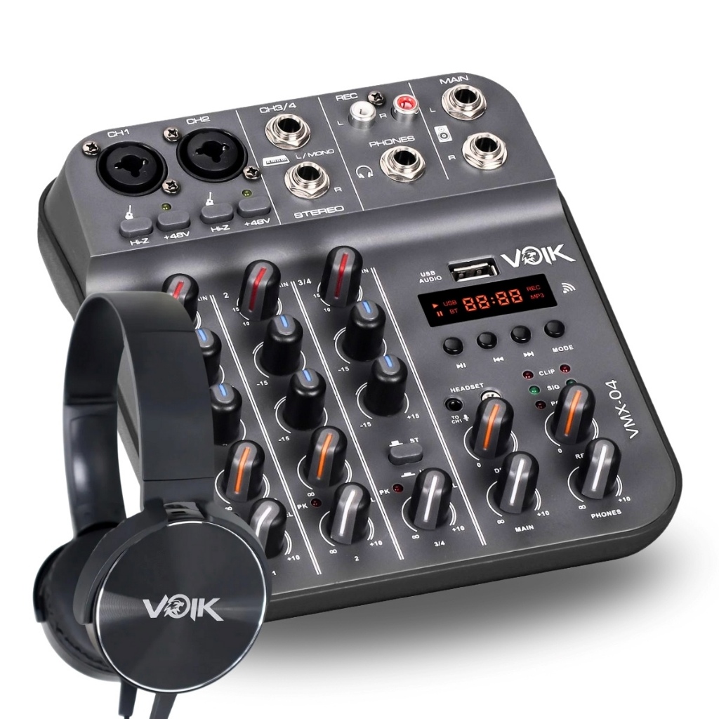 Mesa de Som Interface 4 Canais Bluetooth USB Voik VMX-04 + Fone