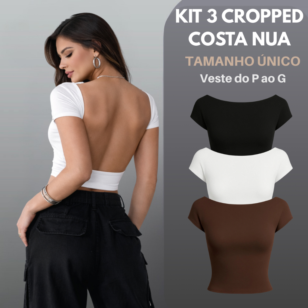 Kit 3 Cropped Feminino Costa Nua Baby Tee Manga Curta Suplex