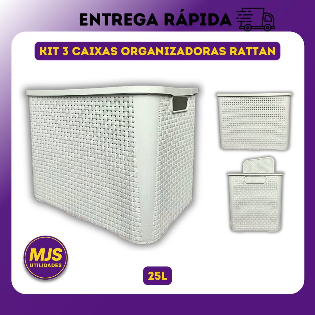 Kit 3 X Caixas Organizadora Rattan 25 Litros Cesto Multiuso Plastico Reforçado Com Tampa Organizador em Oferta na Shopee