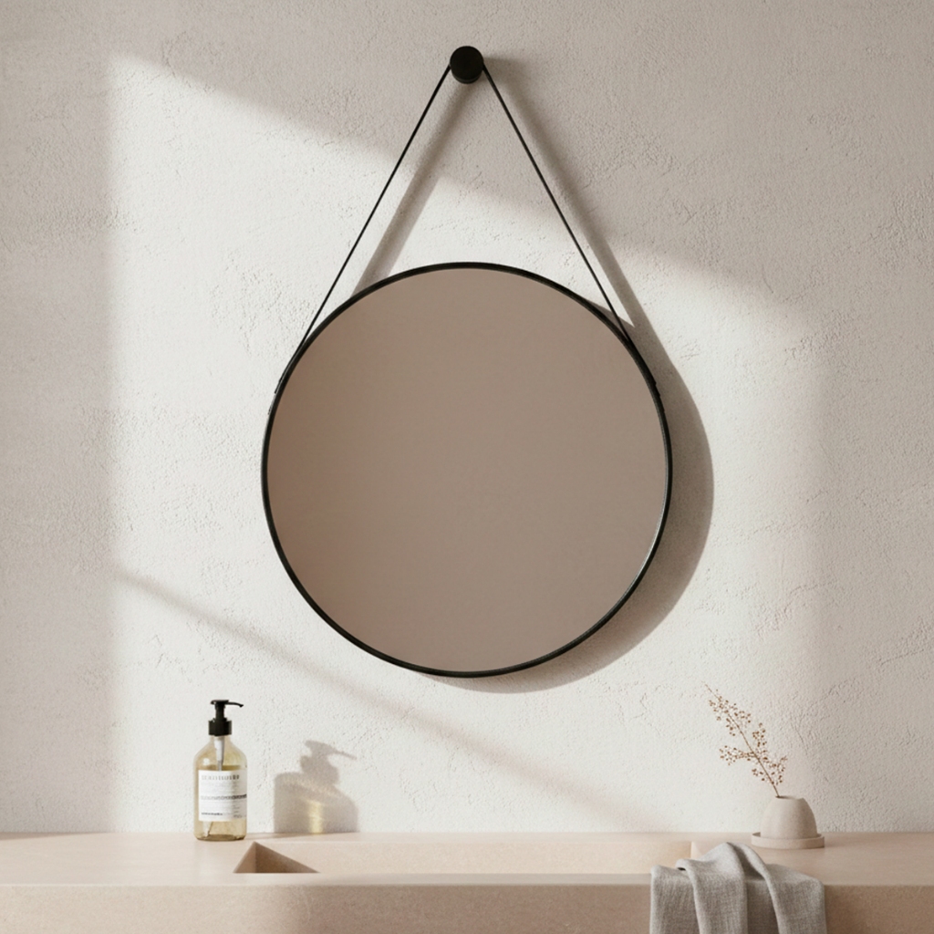 Espelho De Parede Decorativo Redondo 30cm C/ Alça De Couro Ecológico +Suporte de Fixação - Casa Domo