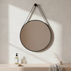 Espelho De Parede Decorativo Redondo 30cm C/ Alça De Couro Ecológico +Suporte de Fixação - Casa Domo