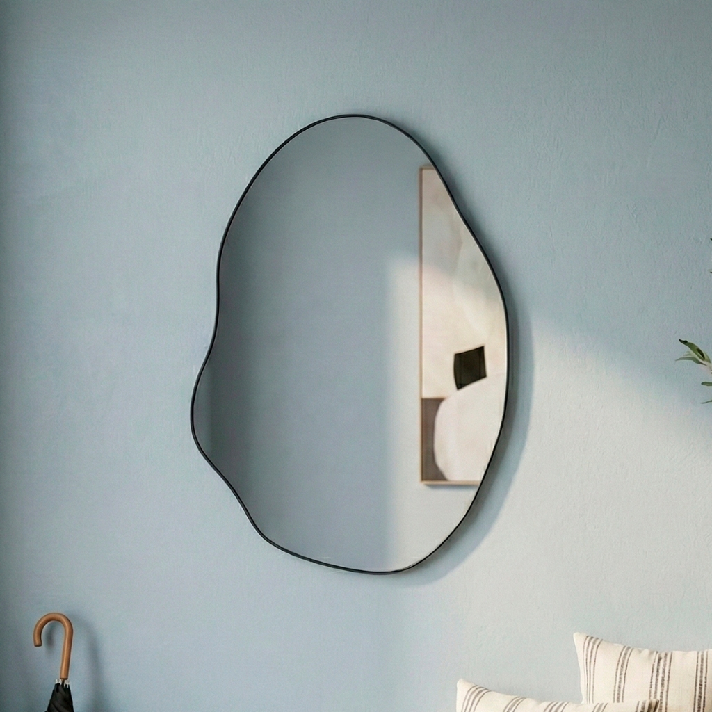 Espelho Orgânico Rubi 110x60cm com Borda em Couro Ecológico e Fixação de Parede para Sala Banheiro