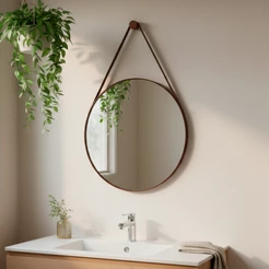 Espelho Redondo Decorativo Adnet Suspenso c/ Alça de Couro 60cm +Suporte de Fixação - Casa Domo