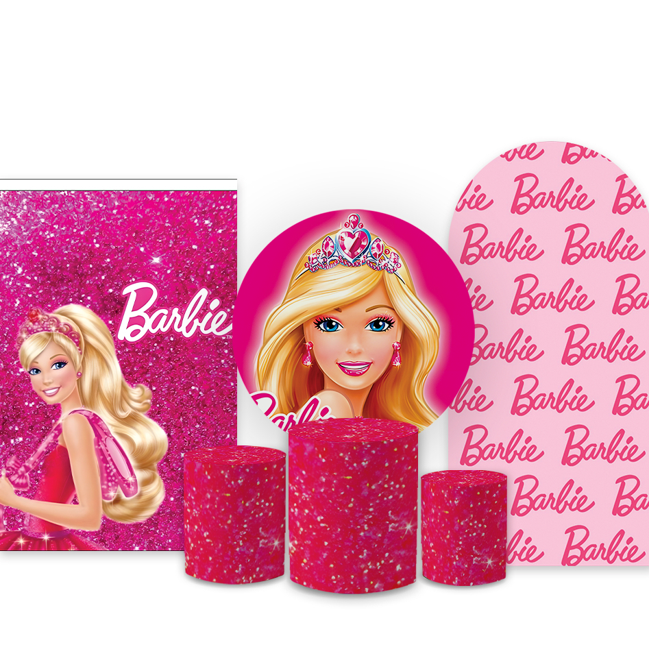 Kit Completo Barbi3 Festa Infantil Capa Painel + Trio Cilindros + Capa Painel Retangular + Romano Bibi