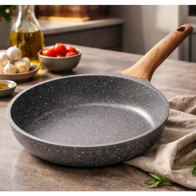 Imagem Frigideira Antiaderente de Alumínio Revestimento Cerâmico Premium Funda Cabo Madeira Não Gruda 24CM/28CM