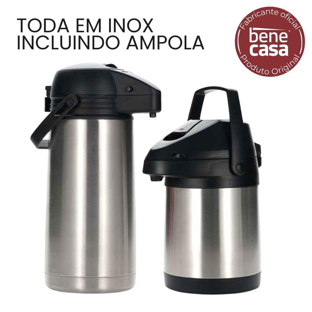 Garrafa Térmica em Aço Inox Bene Casa 1,9L / 2,5L – Quente e Frio - Interior em INOX em Oferta na Shopee