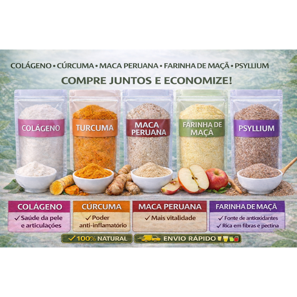 Kit completo Rotina da mulher ( Cúrcuma, Maca Peruana, Farinha de Maçã e Psyllium) em Oferta na Shopee