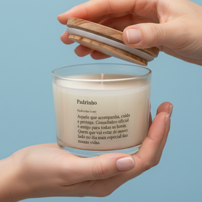 Imagem Vela Aromática Madrinha Padrinho Perfumada PREMIUM Cera Vegetal Batismo Tampa de Madeira Classic Lembrança