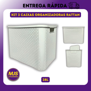 Kit 3 Caixas Plastica Organizadora Rattan 28 Litros Cesto Organizador Multiuso Anti Mofo Resistente