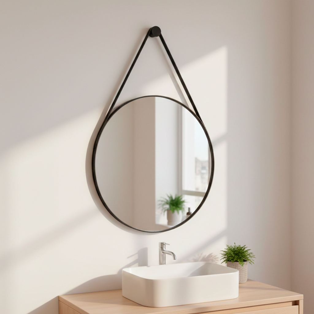 Espelho Decoração Lavabo Banheiro Sala Redondo c/ Alça em Couro Ecológico 60cm + Suporte - Casa Domo em Oferta na Shopee