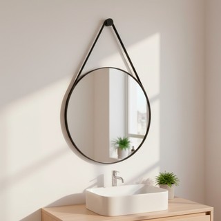 Espelho Decoração Lavabo Banheiro Sala Redondo c/ Alça em Couro Ecológico 60cm + Suporte - Casa Domo