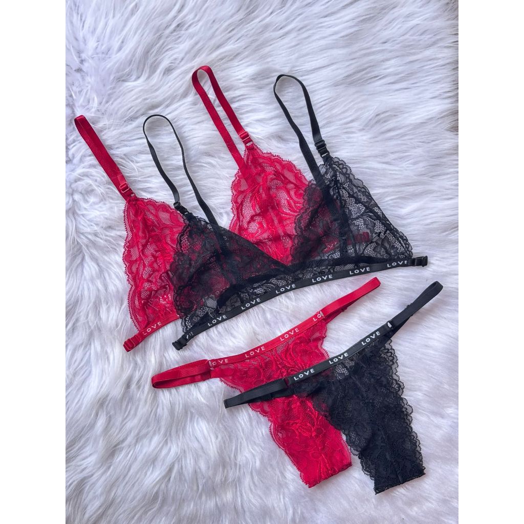 Kit 2 Lingerie de Renda Conjunto Feminino Sutiã Sem Bojo Sem Metal Regulável + Calcinha String