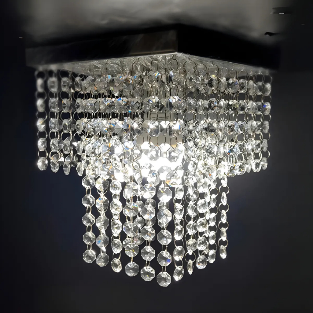 Lustre De Cristal Acrilico Base 20x20 Inox Espelhado Sala de Jantar / Estar / Vai Montado Bivolt
