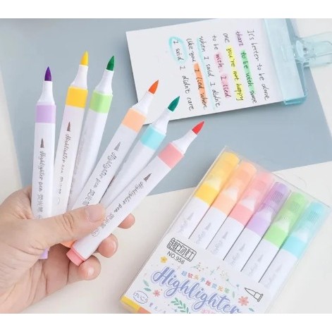 Kit 6 Marca Textos Pastel Com Ponta Pincel escolar Caneta Brush 6 Cores