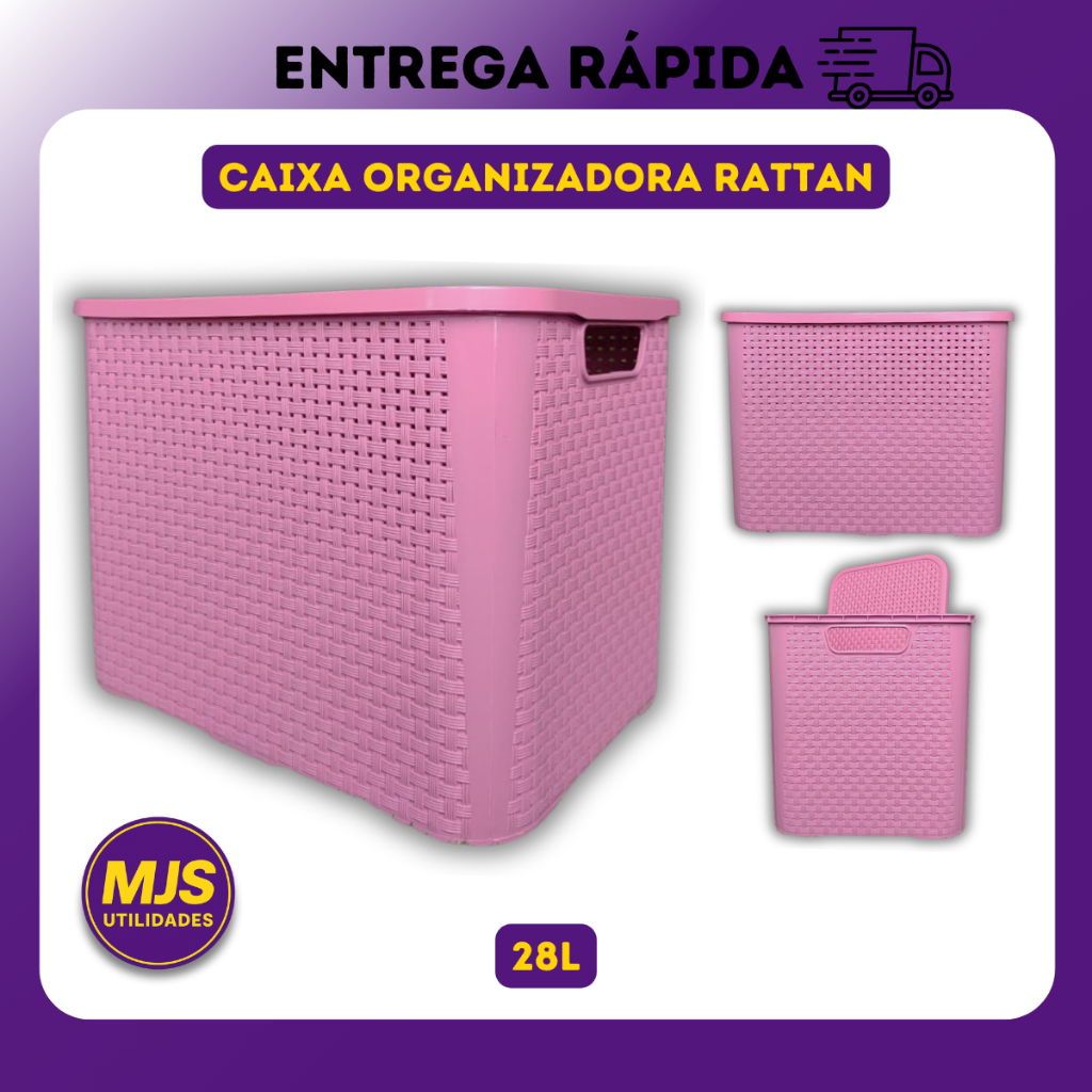 Caixa Decorativa Organizadoras Rattan 28 Litros Cesto Multiuso Com Tampa Grande Organizador Casa