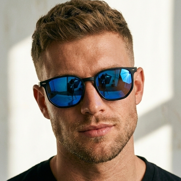 Óculos de Sol Tulum Azul Espelhado Hastes Pretas Hexagonal uv400 Feminino Masculino Unissex