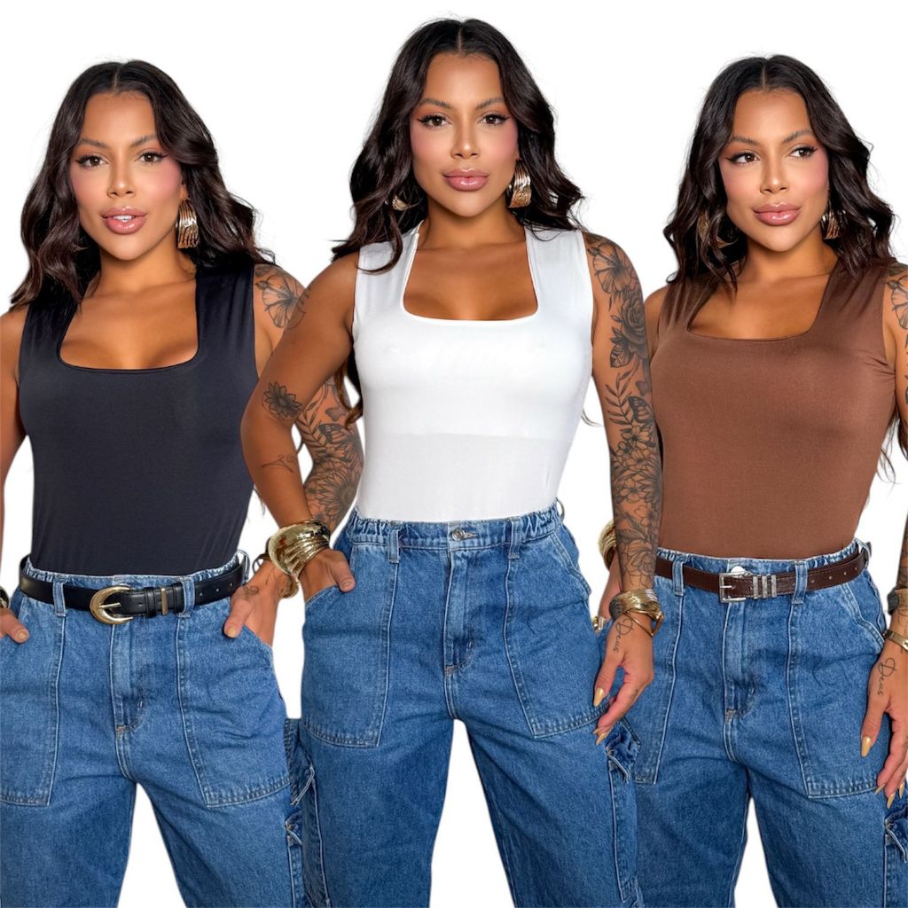 kit 2 Blusa Regata Decote Quadrado Reto Básica Feminina Moda feminina Blusinha