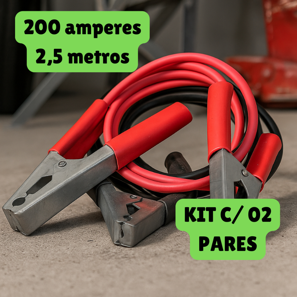 KIT com 02 Pares Cabo Para Chupeta Transferência Carga de Bateria Para Carro Veículos Com 2,5m 200amp 12V