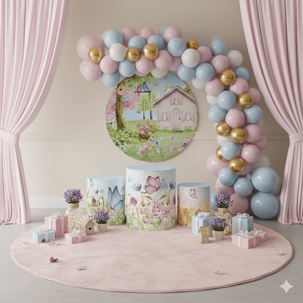Festa Infantil Capa Painel + Capas Cilindros Tema Jardim Encantado Casinha Decoração Helanca Oferta Promoção