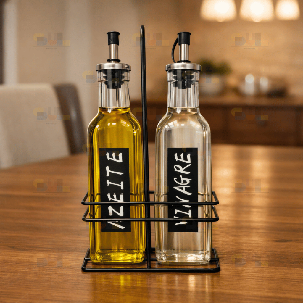 Galheteiro Vidro Nero Vinagreiro E Azeiteiro C/ Suporte Aço e Dosador em Oferta na Shopee