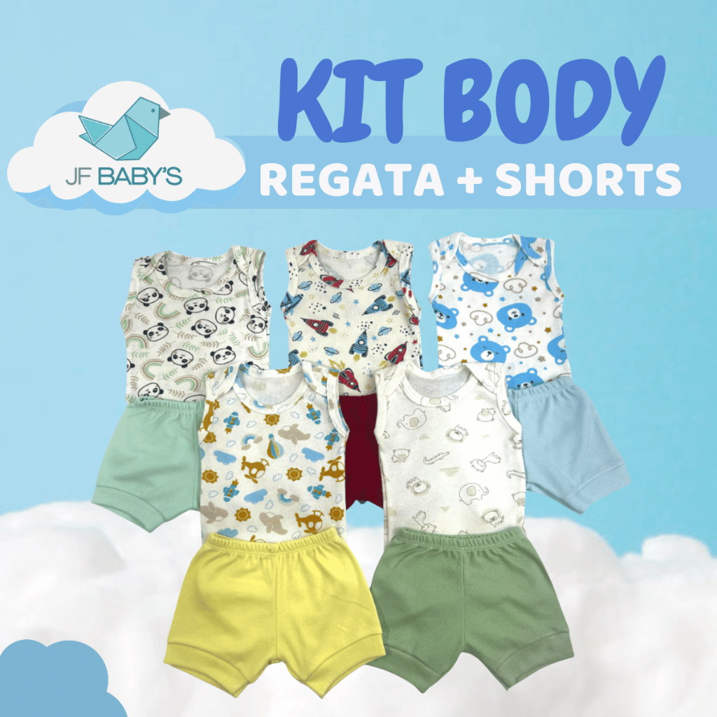 Conjunto Body Regata Estampada + Shorts Liso Canelado p/ Bebê Menino e Menina Elástico Macio