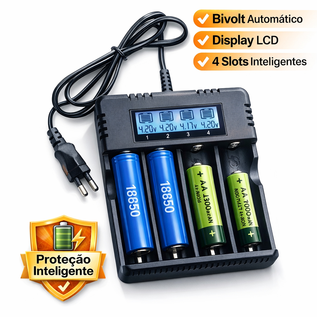 Carregador De Bateria Lanterna Bivolt Display Lcd 4 e 2 Baterias 26650-18650-14500-16340 AA/AAA em Oferta na Shopee