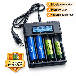 Carregador De Bateria Lanterna Bivolt Display Lcd 4 e 2 Baterias 26650-18650-14500-16340 AA/AAA