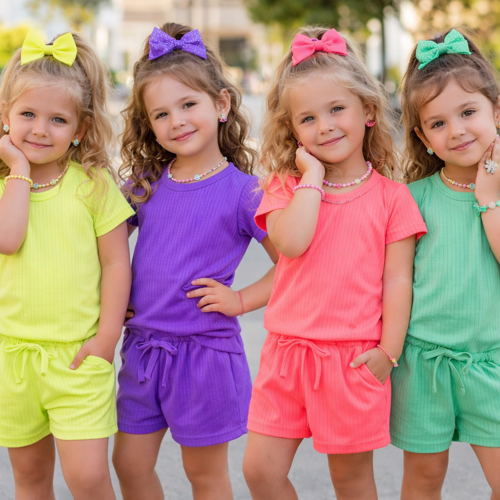 Conjunto Infantil Menina do Tamanho 1 ao 10 anos em Ribana Canelado | Conjunto Menina Blusa + Shorts Verão Neon