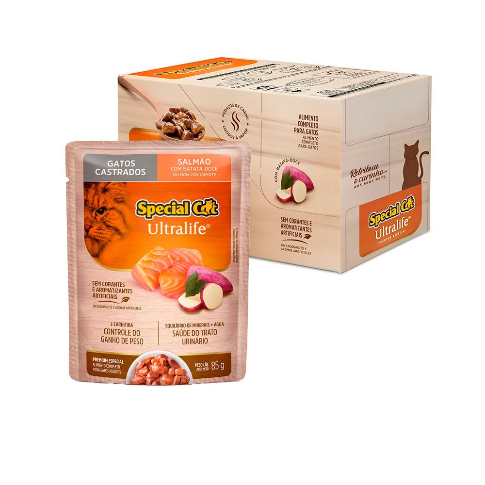 Kit 12un. Ração Úmida Special Cat Ultralife Sachê Para Gatos Castrados Salmão 85g em Oferta na Shopee