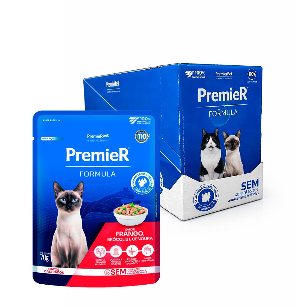 Kit 20 un. Ração Úmida Premier Fórmula Sachê Para Gatos Adultos Castrados Frango, Brócolis e Cenoura 70g
