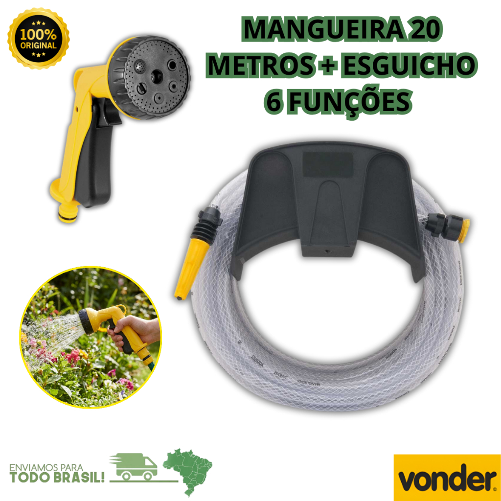 Mangueira para Jardim 20 Metros Vonder + Suporte e Esguicho 6 Funções