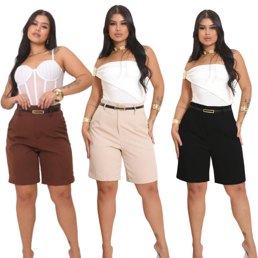 BERMUDA ALFAIATARIA FEMENINA CINTURA ALTA COM BOLSOS E BARRA DOBRADA LISA COM COXA COMPRIDA TECIDO DE QUALIDADE PREMIUM em Oferta na Shopee