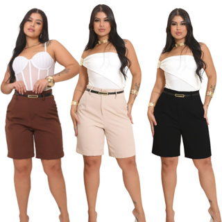 BERMUDA ALFAIATARIA FEMENINA CINTURA ALTA COM BOLSOS E BARRA DOBRADA LISA COM COXA COMPRIDA TECIDO DE QUALIDADE PREMIUM em Oferta na Shopee