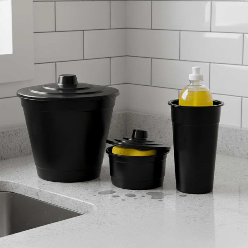Kit Organizador de Pia Plástico 3 Unidades Premium Resistente Lixera Com Tampa Porta Bucha e Sabão
