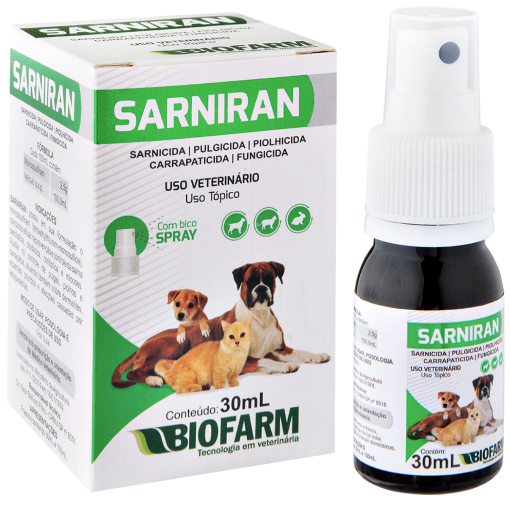 Remédio Anti Sarna Para Cachorro Gato E Coelho Sarniran 30ml - Dermatite, Coceira