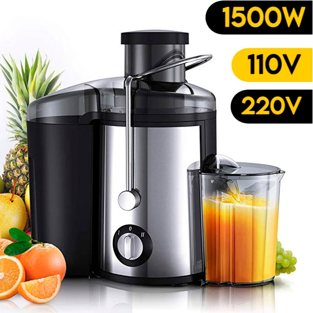 Espremedor Extrator de Frutas Elétrico Centrífuga 1500W Juicer Profissional 110V 220V Preto e Inox