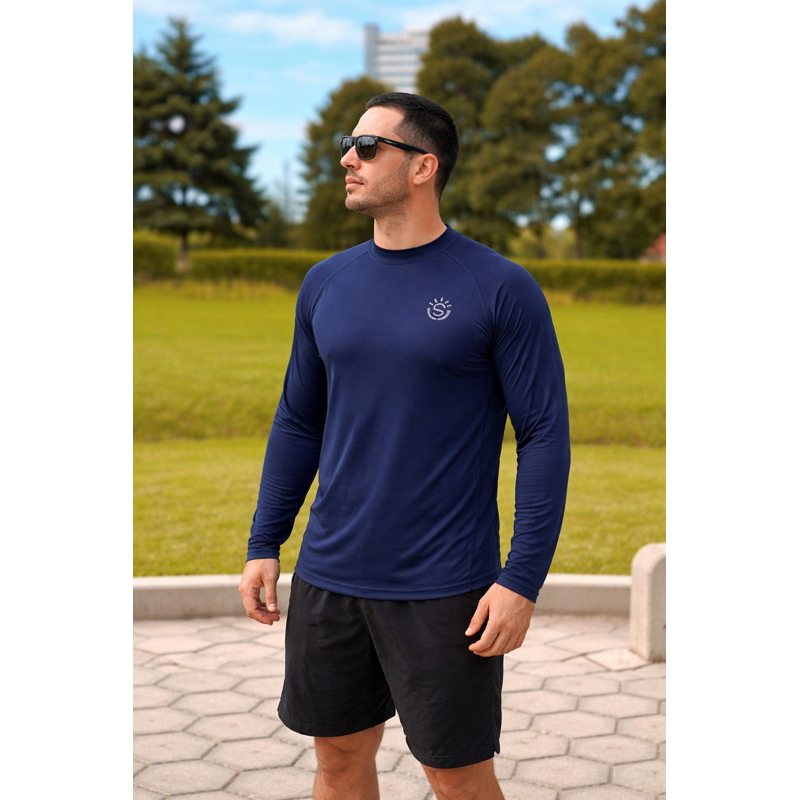 Camiseta azul marinho Proteção Solar UV 50+ Manga Longa Para Trabalho Tecido Premium