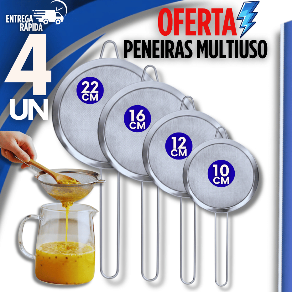 Kit 4 Peças Peneira Inox 22cm 16cm 12cm 10cm Casa Cozinha Buffet Lanchonete Cantina Premium Utilidades