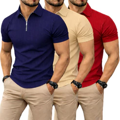 Kit 3 camisas Camiseta Polo Manga Curta Com Ziper Masculina Malha Canelada