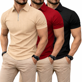 Kit 3 camisas Camiseta Polo Manga Curta Com Zíper Malha Canelada Masculina em Oferta na Shopee