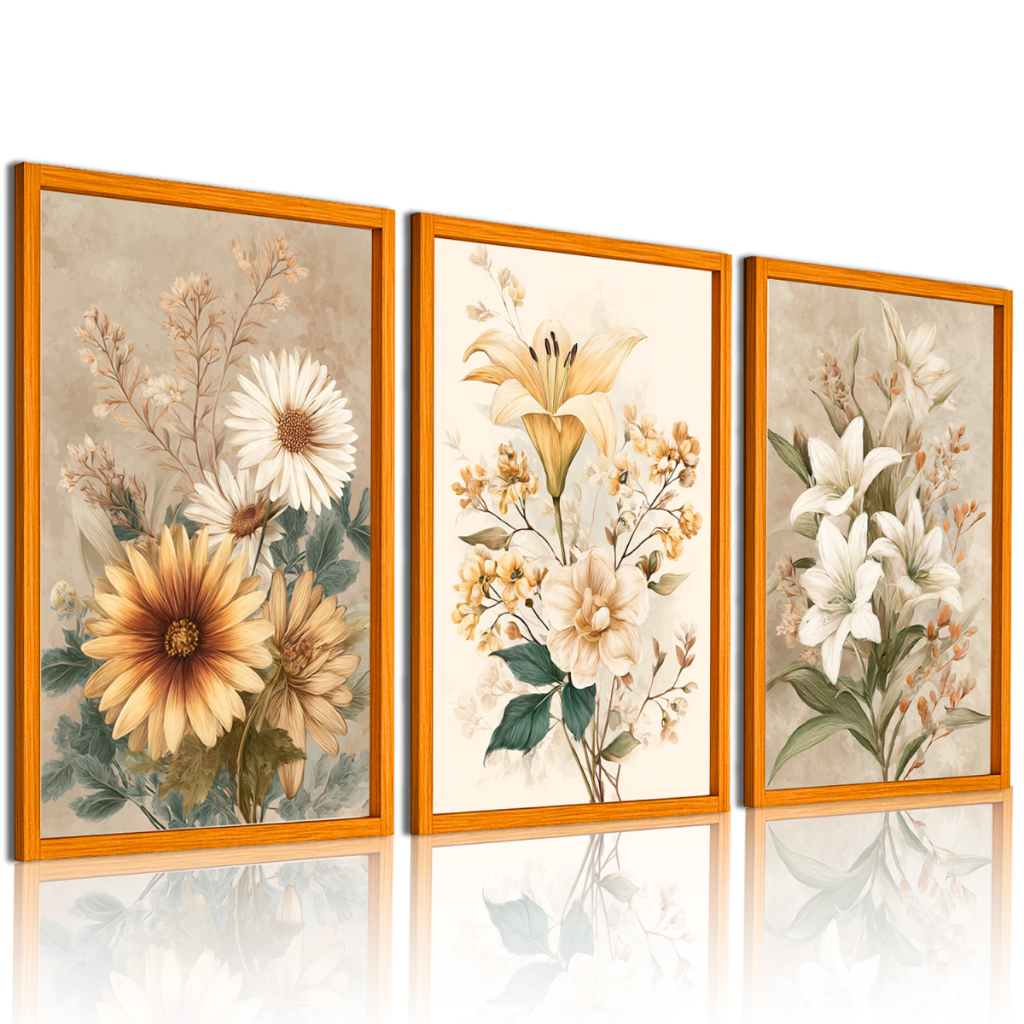 Kit 3 Quadros Decorativos Florais Vintage Tons Neutros Botânica Elegante Sala Quarto em Oferta na Shopee